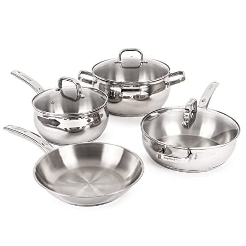 BergHOFF Belly Shape 18/10 Stainless Steel 7Pc Cookware Set, Glass Lids, Fast, Evenly Heat, Induction Cooktop Ready