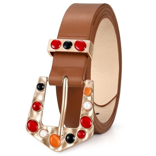 XZQTIVE Women PU Leather Belts with Synthetic Multicolored Gemstone Buckle Ladies Fashion Waist Belts for Jeans Dresses Pants - Image 1