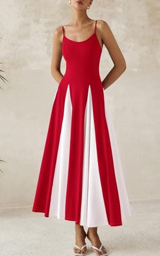 PRETTYGARDEN Spaghetti Strap Backless Spring Dresses for Women 2026 Flowy Maxi Dresses Sleeveless Wedding Guest Dress (Red White, X-Large) - Thumbnail 3