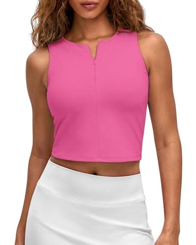 G4Free Tennis Tank Tops for Women Tight Waist Length Sleeveless Workout Round Neck Zip Strechy Athleisure Tanks Gym Yoga (Hot Pink,M) - Image 1