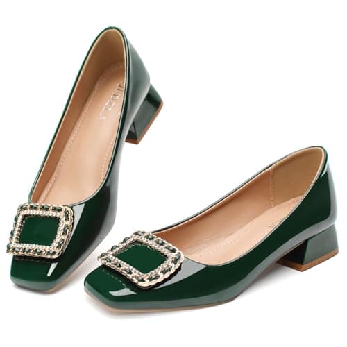 QFDZLA Women's Low Chunky Block Heel Pumps Comfortable Leather Square Toe Dress Shoes Slip On Block Heel for Office Lady Shoes Blackish Green Size 7 - Image 1