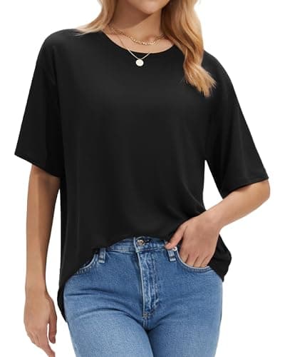 Stelle Black T Shirts for Women Oversized Crew Neck Short Sleeve Summer Tops Loose Fit Soft Basic Tee Shirt X-Small - Image 1