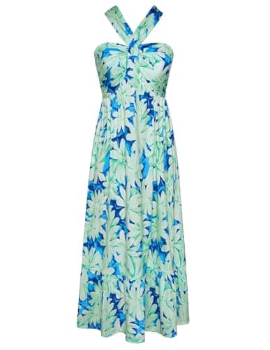 GRACE KARIN Women's 2025 Summer Floral Maxi Dress Criss Cross Halterneck Sleeveless Flowy A Line Boho Beach Vacation Casual Dress Lime Flowers M - Image 1