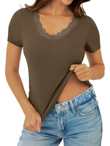 GKBK V Neck T Shirts for Women Lace Tops Going Out Casual Ribbed Tight Fitted Shirts Basic Tee Shirt 2026 Spring Clothes Summer Fashion Outfits Trendy Brown - Thumbnail 6