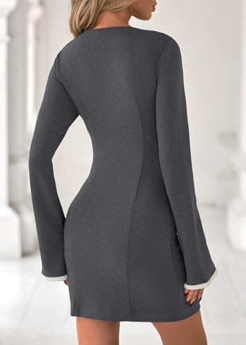 Lazysmile Women's Casual Dresses Long Sleeve Boat Neck Button Down Bodycon Mini Fall Party Club Cocktail Dresses for Women Grey - Thumbnail 2