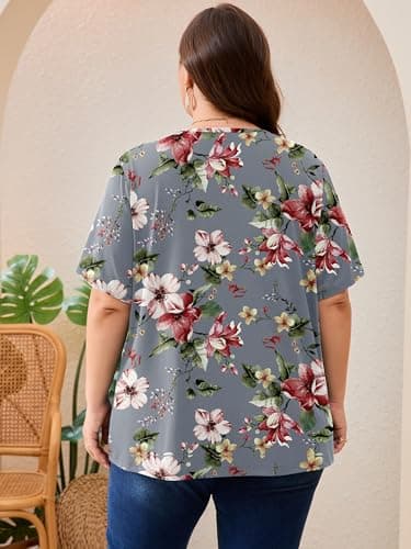 AusLook Plus Size Floral Tunic Tops for Women Pleated Babydoll Blouse Short Sleeve Round Neck Loose Fit Casual Flowy Gray Watercolor Bouquet 3X Tunic Shirts Summer Tops to Wear with Leggings - Thumbnail 6