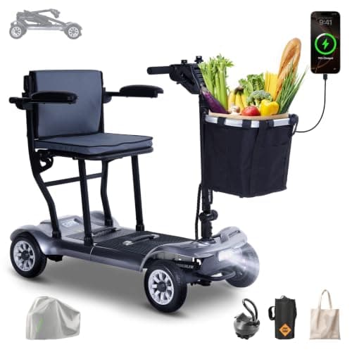 PAISEEC D3 Ultra Lightweight Mobility Scooter for Seniors, 39.7 lbs Folding Mobility Scooter with 2 Lithium Batteries, All Terrain Travel Sccoter 18.6 Miles Airline Approved Mobility Scooters (SILVER)