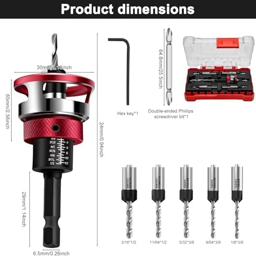 Naerza 7-Piece Countersink Drill Bit Set with Aluminum Alloy Stop Collar, Screwdriver Bit & HSS M2 Tapered Bits, 1/4" Hex Shank Drilling Kit for Woodworking - Thumbnail 4