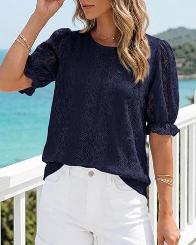 KIRUNDO Lace Tops for Women Trendy 2026 Eyelet Floral Summer Clothes Short Puff Sleeve Spring Blouse Cruise Vacation Outfits(Navy, X-Large) - Thumbnail 4