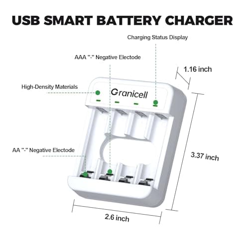 Granicell 4 Bay AA and AAA Battery Charger, Independent Slot,USB High-Speed Charging, for Ni-MH/Ni-CD Rechargeable Batteries, Adapter-Free - Thumbnail 6
