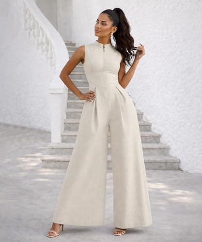 knowfashionstyle Jumpsuits For Women Dressy Sleeveless Zip Up Wide Leg Jumpsuit Date Night Rompers Formal Party Outfits Apricot 2XL - Thumbnail 5