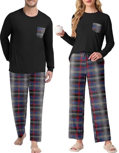 PrinStory Womens Pajama Sets Sleepwear Pjs Lightweight Long Sleeve Crewneck Shirts and Bottoms Soft Sleep Sets Blue Red Plaid 2XL - Image 1