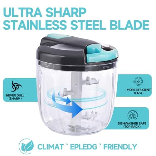 Ziweaye Manual Food Processor Vegetable Chopper, Portable Hand Pull String Garlic Mincer Onion Cutter for Veggies, Ginger, Fruits, Nuts, Herbs, etc., （900ml,Gray-blue） - Thumbnail 5