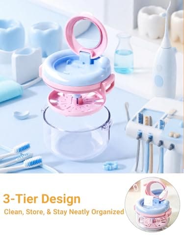 2-in-1 Retainer Case & Mouth Guard Case - Portable Orthodontic Storage Container with Filter, Tools & Mirror, Leak-Proof Denture Bath Box for Daily & Travel Use (Powder Blue) - Thumbnail 2