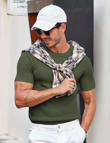 COOFANDY Mens Dress T Shirts Short Sleeve Knit T Shirt Casual Summer Shirt Crewneck Tshirts Army Green - Thumbnail 4