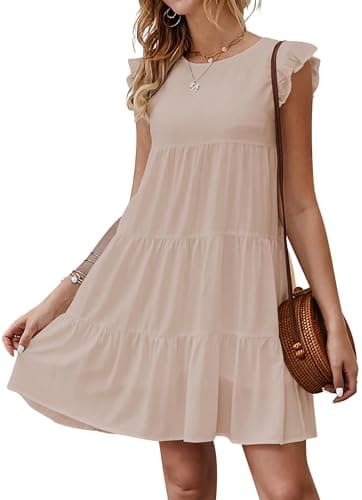 KIRUNDO Women's Summer Dresses 2026 Sleeveless Ruffle Sleeve Round Neck Solid Loose Short Flowy Pleated Mini Babydoll Dress(Apricot, Large) - Image 1