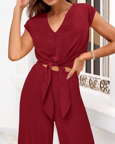 PRETTYGARDEN Women's Summer 2 Piece Outfits 2026 Cap Sleeve V Neck Belted Crop Tops Wide Leg Pant Sets Casual Tracksuit(Solid Wine Red,X-Large) - Thumbnail 4