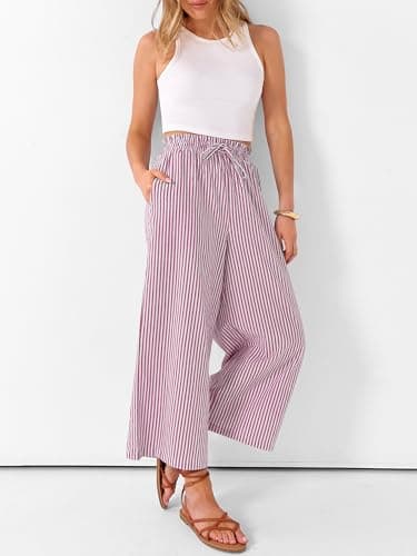 ANRABESS Womens Striped Gingham Palazzo Capri Pants Pajama Wide Leg Lounge Trousers Plaid Cute Crop PJ Bottoms with Pockets Red White Stripe X-Large - Thumbnail 6