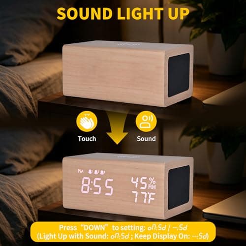 Wooden Digital Alarm Clocks,10W Wireless Charging with 3 Alarms, Dual 5W Stereo Bluetooth Speaker and Light Up with Sound, Adjustable Brightness Date Display Clock for Bedroom, Heavy Sleepers Adults - Thumbnail 6