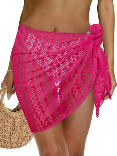 Womens Beach Sarong Wraps Lace Bikini Swimsuit Coverup Summer Hollow Out Bathing Suit Cover Up Casual Swimwear 2026 (Rose Red) - Image 1