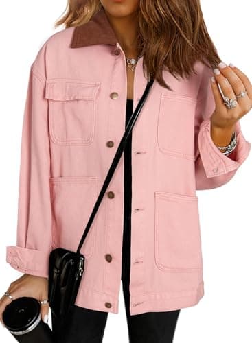 Dokotoo Plus Size Jean Jacket Women Trendy 2025 Outfits Color Block Denim Jacket With Contrasting Corduroy Collar Oversized Long Sleeve Button Down Barn Jackets Shacket Coat With Pockets PinkM - Image 1