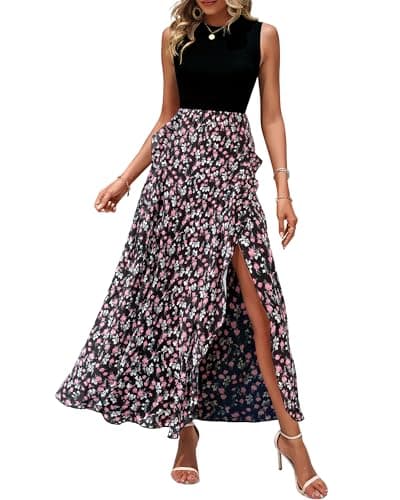 BTFBM Summer Dresses for Women 2026 Casual Spring Floral Sleeveless Ruffle Boho Cocktail Wedding Guest Party Midi Dress(Floral Black Pink, Small) - Image 1
