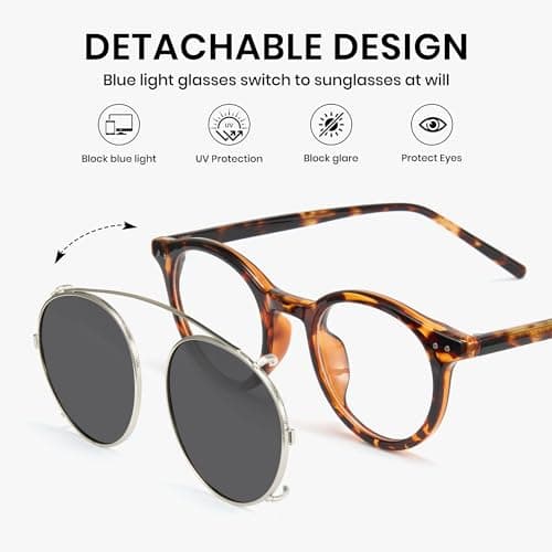 Cyxus Clip On Blue Light Blocking Glasses for Men Women, Round TR90 Metal Frame Eyeglasses with TAC Sunglasses Lens, UV Protection P1341B10 - Thumbnail 5