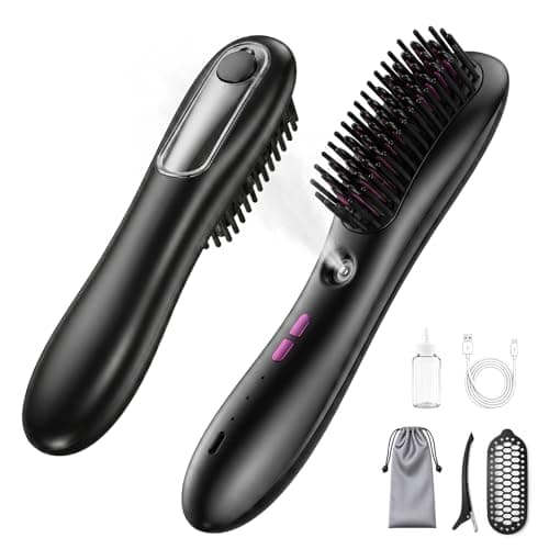 Wireless Straightening Comb with Spray Mist, 3 in 1 Wireless Hair Straightening Comb, Wireless Anti-Frizz Styling Brush, 3 Heat Settings, 3000mAh Rechargeable, for All Hair Types, Black