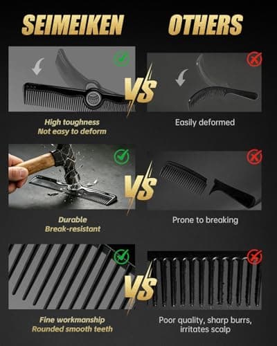 Comb Set - 8" Rotatable Fine and Wide Tooth Comb, 9" Rat Tail Parting Comb, Break Resistant, Ultra Durable, Rounded Teeth, Anti-Static, Professional Barber Salon Use for Stylists & Hairdressers - Thumbnail 2