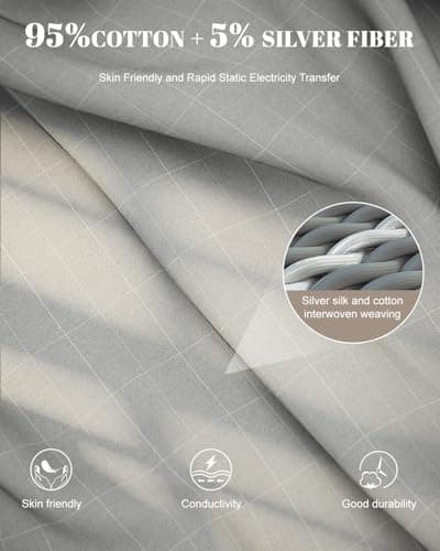 Grounding Sheet King, 95% Cotton & 5% Silver Fiber, Skin-Friendly Grounded Sheets with Grounding Cord, Bed Grounding Kit for Natural & Deep Sleep, Grey - Thumbnail 3
