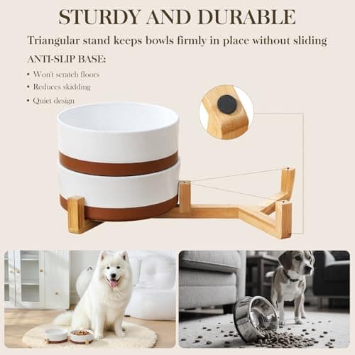 MALACASA Dog Bowls Set with Wooden Stand, 6 Cups Food Water Bowl Set for Medium to Large Size Dogs, Ceramic Pet Bowls with Weighted Non-Slip Base, Basic Bowls for Your Dog,58Oz - Thumbnail 3