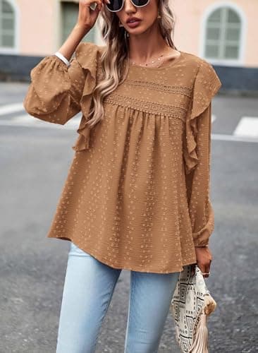 PRETTYGARDEN Spring Tops for Women 2026 Ruffle Sleeve Blouses Swiss Dot Crochet Loose Fit Tunic Dressy Casual Business Work Shirts (Brown, XXL) - Thumbnail 4