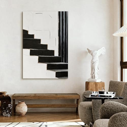 JUHOME Original Hand-Painted Abstract Canvas Wall Art – Textured Black and White Staircase Oil Painting, Modern Minimalist Wall Decor for Living Room Bedroom Office 24x36 Inch - Thumbnail 2