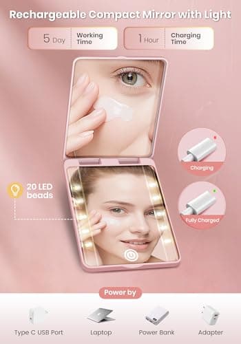 SisKokoro Compact Mirror, Rechargeable 30X Magnifying Mirror with 3 Lighting Modes & Dimmable Brightness, Portable Travel Makeup Mirror with Light, Essentials for Travel, Pocket, Purse Pink - Thumbnail 6
