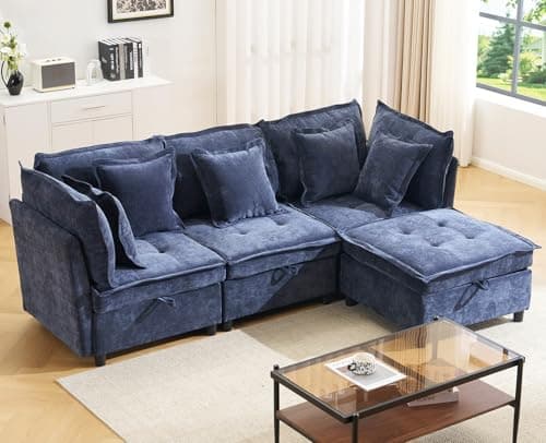 fanzutuz Modular Sectional Sofa, 102.5" L-Shaped Cloud Couch with Storage, 4-Seater Deep Seat Couch with Tufted Cushions & Removable Pillows, Comfy Chenille Couches for Living Room, Blue