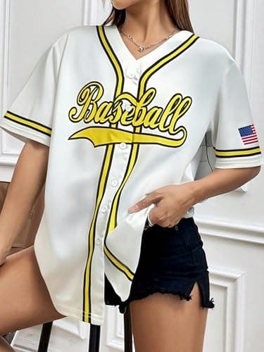 Baseball Shirt Jersey Women Baseball Player T-Shirt Game Day Fan Graphic Tees Button up Short Sleeve White - Thumbnail 4
