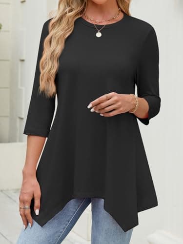 JUSTFASHIONNOW Black Tunic Tops for Women Loose Fit Dressy Casual 3/4 Length Sleeve Womens Fall Tops Asymmetrical Hem Ladies Clothing Outfits（Black，Small - Thumbnail 5