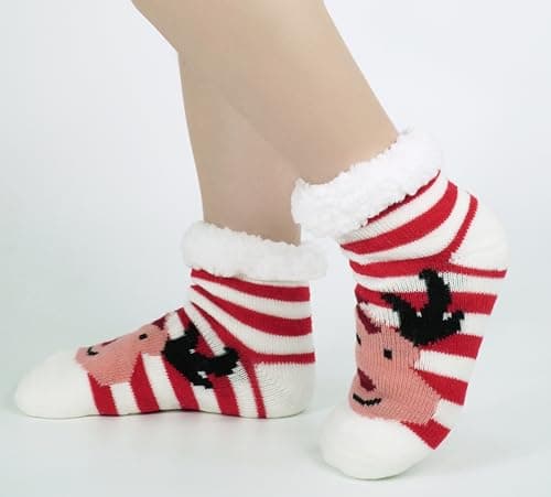 BenSorts Girls Boys Slipper Socks Warm Lining Soft Winter Thick Christmas House Socks for Kids Gifts Stripe Reindeer Red Bear 2 Pairs 8 9 10 11 12 Years - Thumbnail 5