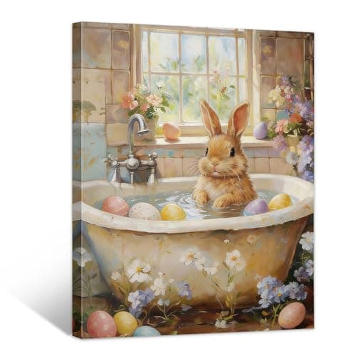 WayToLight Easter Bunny & Floral Canvas Wall Art,Cute Rabbit and Easter Eggs Painting Prints,Vintage Farmhouse Spring Animal Picture,Modern Framed Easter Wall Decor for Bedroom,Living Room, Bathroom,Office (Style 4, 8" x 10") - Image 1