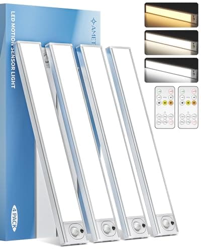 AMETHEUS 4Pack 12inch Under Cabinet Lighting with Remote, 2400mAh USB Rechargeable Battery LED Lights, Smart Motion Sensor Wireless Indoor, Dimmable 3 Color Temps Closet Light for Kitchen, Stairs - Image 1