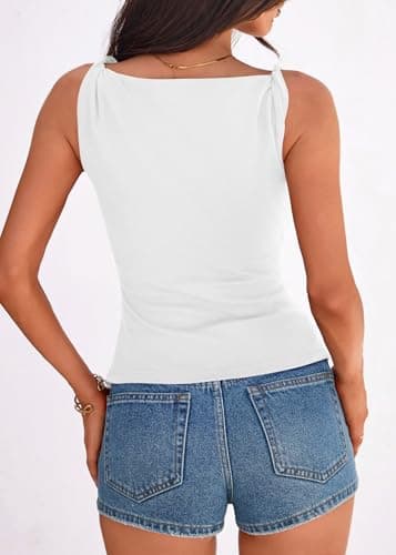 KIRUNDO Asymmetrical Tops for Women Summer Sleeveless Twist Straps Slim Fit Y2K Ruched Tank Shirts Going Out Top Resort Wear(White, Large) - Thumbnail 2