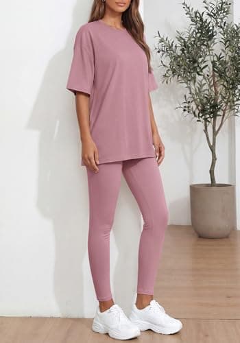 BTFBM Two Piece Lounge Set Women 2026 Spring Casual Oversized Shirts Leggings Matching Workout Airport Travel Outfits(Pink, XX-Large) - Thumbnail 3