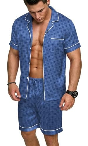 Ekouaer Men Loungewear Sets, Silk Satin Short Sleeve Button Up Sleepwear with Pockets Slate Blue XX-Large