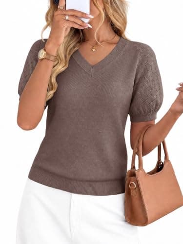 LaGracia Puff Short Sleeve Sweater for Women Summer Puff Sleeve Sweater Tops Spring V Neck Cauasl Dressy Shirts Cute 2026 Coffee M - Image 1