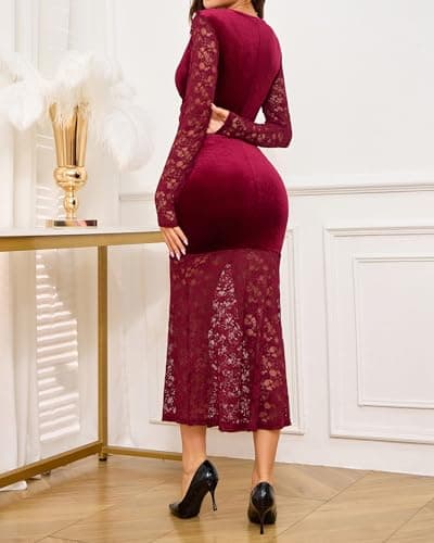 Ystguic Women Long Sleeve Wrap V Neck Bodycon Velvet Lace Ruched Elegant Sexy Dress Ladies Fall Evening Party Date Night Wedding Guest Cocktail Party Dresses Large YG064 Dark Red L - Thumbnail 6