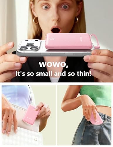 miisso 10000mAh Mini Portable Charger with Built in Cable, Pocket Size Power Bank Travel External Battery Pack for Phone, 3 Output USB Type C Cord Clutch Compatible with iPhone, Samsung, Pink - Thumbnail 4