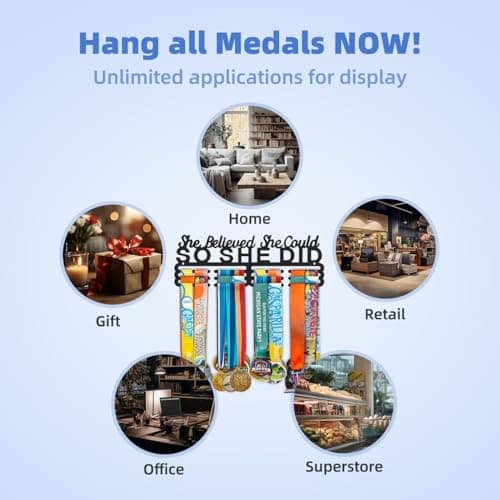 Dafftos Awards She Believed She Could So She Did Medal Display Hanger Holder Bib Ribbon Rack Organizer Awards Ribbon Wall Mount Easy to Assemble Fashion Store 60 Medal Holders for Runners 14 Inch - Thumbnail 5