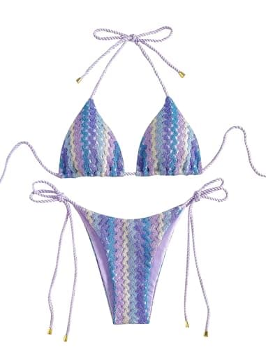 ZAFUL 2 Piece Triangle Bikini for Women Knitted Rope Halter Bikini Sets Sexy Bathing Suit Side Tie Swimsuits Beachwear Purple S - Image 1