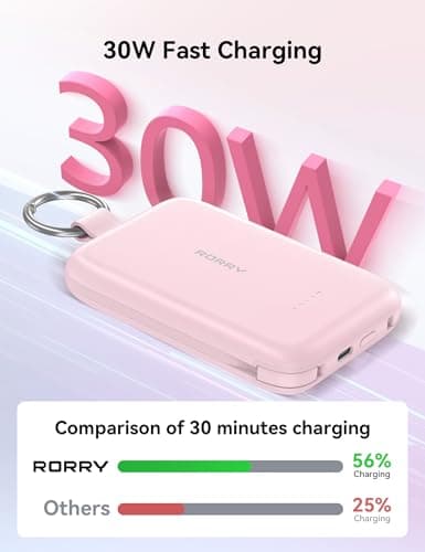RORRY Portable Charger, 10000mAh PD 30W Fast Charging Portable Charger Power Bank with Built-in Cables, Travel Keychain Charger Battery Pack for iPhone 17/16/15/14/13/12, for AirPods 2/3/4/Pro, Blue - Thumbnail 3