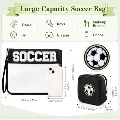 PEVART 2-Piece Soccer Gifts Makeup Snack Bag Chenille Letter Patch | Large Soccer Clear PVC Travel Zipper Pouch Accessories Stuff Waterproof Portable Sport Bag for Boys, Girls - Thumbnail 2